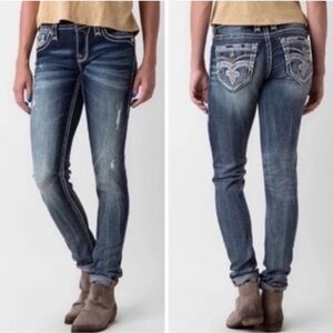 Rock Revival Pilkin Mid-Rise Distressed Skinny Jeans W/Rhinestone & Leather Trim
